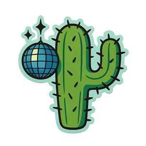 Kaktus mit Disco-Kugel an den Stacheln – Lustiger Cartoon-Sticker – wetterfest – Geschenk für Pflanzen-, Party- & Humor-Fans