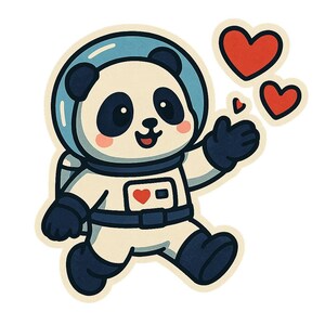 Panda astronauta lanzando globos con forma de corazón. Bonita pegatina de dibujos animados, resistente a la intemperie. Regalo para amantes del espacio, los animales y el amor.