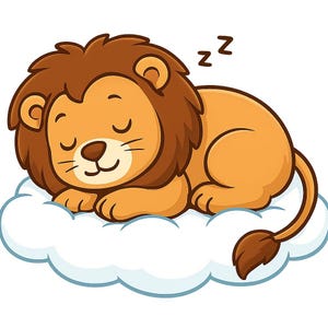 Könnte beinhalten: Cartoon-Illustration eines schlafenden Löwen auf einer Wolke. Der Löwe hat eine braune Mähne, geschlossene Augen und einen lächelnden Ausdruck. Die Wolke ist weiß mit blauem Umriss, und das Wort "zz" steht über dem Kopf des Löwen.