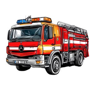 Può includere: Illustrazione di un'autopompa antincendio rossa e gialla con una striscia bianca e una scala sulla parte superiore. L'autopompa ha un logo Mercedes-Benz sulla parte anteriore e luci blu e arancioni sul tetto. La targa recita "VR 221".