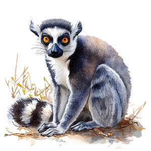 May include: Watercolor illustration of a ring-tailed lemur. The lemur has a black and white striped tail, gray fur, and striking orange eyes. It is sitting on a bed of brown leaves and twigs, with a white background.
