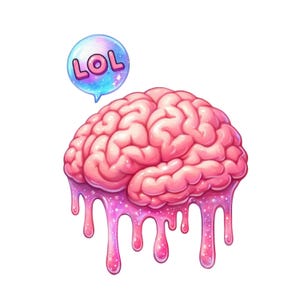 Może przedstawiać: Ilustracja różowego mózgu z cieknącą, błyszczącą, różową substancją. Niebieski i fioletowy dymek nad mózgiem mówi "LOL" białymi literami. Obraz jest na białym tle.