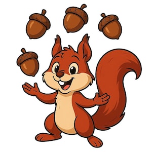 May include: A cartoon illustration of a smiling squirrel with brown fur and a large, bushy tail. The squirrel is juggling four brown acorns against a white background. The squirrel has a light brown belly and is smiling.