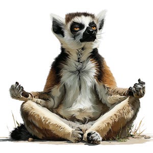 May include: A digital illustration of a ring-tailed lemur in a meditative pose. The lemur has a white chest, brown and black fur, and orange eyes. It is sitting cross-legged with its hands in a yoga position.
