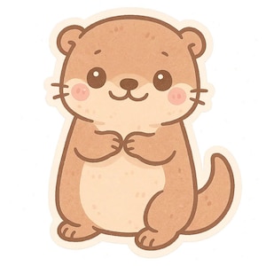 May include: A cartoon sticker of an otter. The otter is depicted in shades of brown and cream, with a light brown outline. It has a smiling face with pink cheeks, black eyes, and a small brown nose. The otter's paws are clasped together.