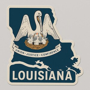 Autocollant de l'État de la Louisiane avec contour de la carte et symboles. Autocollant pour voiture, ordinateur portable, camping-car, cadeau pour les fans des États-Unis et les amoureux de la ville natale.