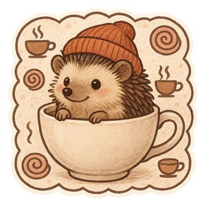 Adesivo riccio in tazza da tè con cappello di lana Simpatico motivo a fumetti di animali per gli amanti dell'autunno Amanti degli animali Idea regalo per gli amici ricci