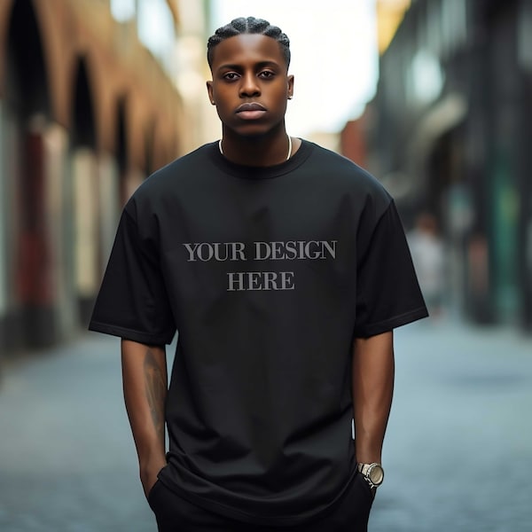 Comfort Black Unisex Tshirt Mockup, Men's Fashion Black Oversized T-Shirt Mock-up, Minimalist Shirt Male Model Mock-up for POD