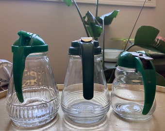 Vintage Syrup Dispenser Set: Green Bakelite Handle, Cut Glass, Diner Decor