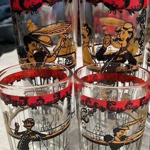 Vintage 1950s Hazel Atlas “Gay ‘90s” Collins Tumbler & Shot Glasses Whimsy Moulin Rouge Funky Barware — price includes 8 pieces