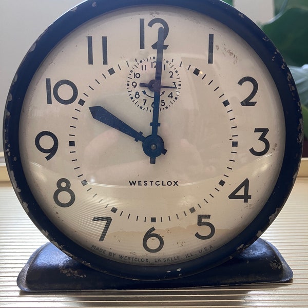 Vintage 1940s Westclox "Raven"  Wind-Up Alarm Clock with Glass Face Portable Table-Top Stand, Decorative Collectible Prop Clock, NOT WORKING