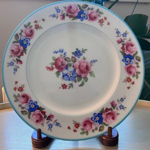 Vintage 1920s &quot;Star&quot; Paragon Fine Bone China Vibrant Floral Plates with Light Blue Band, Made in England, price includes 4 plates