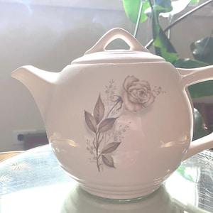 Vintage McCoy White Ceramic Teapot Funky Square Handle 1950s Pottery Brown Rose Pale Sage Bouquet Design Farmhouse Chic Cottagecore Ceramics