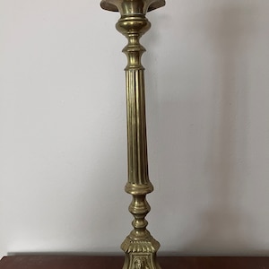 Antique French Brass Candlestick Religious Ornate Column Figural Base Jesus, Mary, Joseph Catholic Religious Decor Spiritual Object