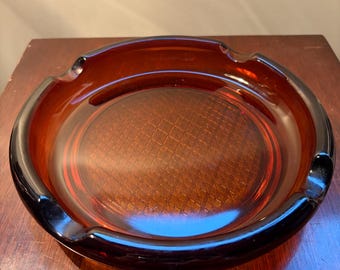 Vintage Amber Glass Ashtray Waffle Etched Center Large Golden Glass Dish MCM Barware  1970s