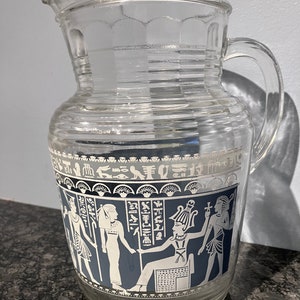 Vintage MCM Hazel Atlas Jeanette Large Clear Glass Pitcher with Wedgwood-Style Coronthian Blue and White Design
