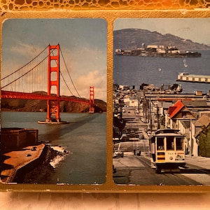 Vintage San Francisco Playing Cards Souvenir California Golden Gate Bridge Trolly Iconic Plastic Coated Double Deck Gold-Tone Slide Box