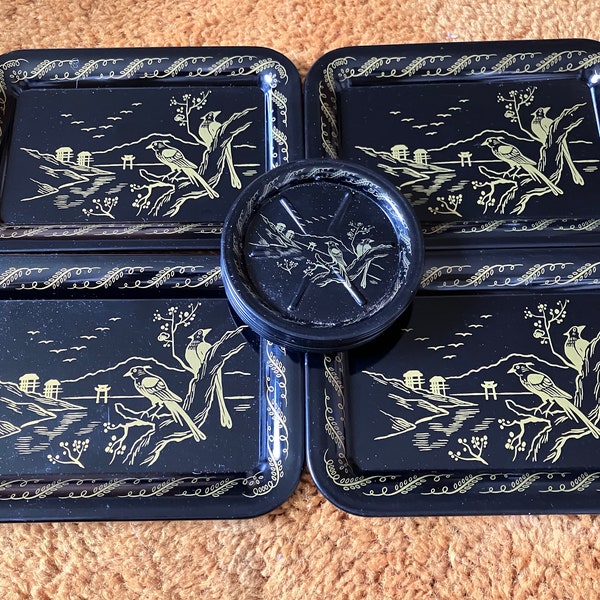 Vintage 1960s Small Black Gold Metal Tip Tole Trays & Coasters Japan Birds, Pagodas, Landscape Imagery, price includes 10 pieces