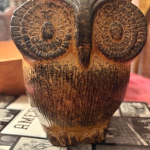 May include: A ceramic owl figurine with a textured, speckled finish in shades of brown and tan. The owl has large, detailed eyes and a prominent beak. The figurine is a decorative item, likely for home decor.