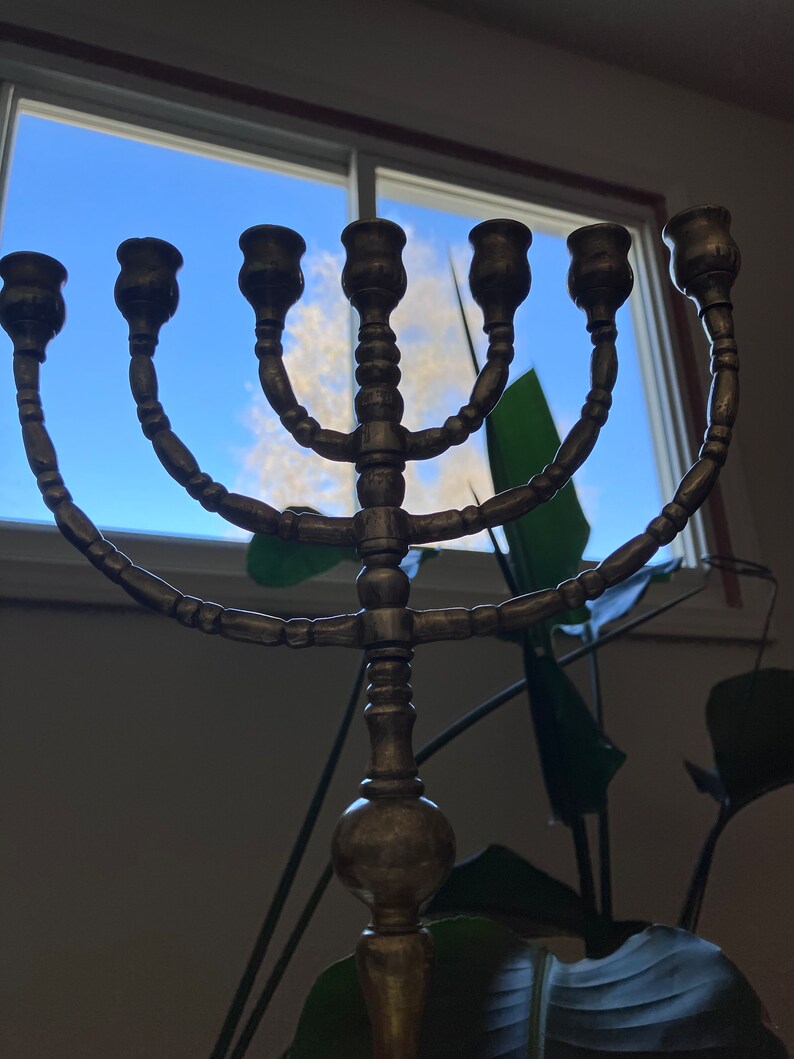 Majestic Antique Goldplated Brass Traditional Temple Menorah With Adjustable 7 Branches From