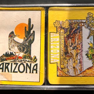 Vintage Arizona Playing Cards Souvenir Grand Canyon Cactus Bird Sun Desert All-Plastic Coated Double Deck Cards Made Hong Kong 1970s + Case
