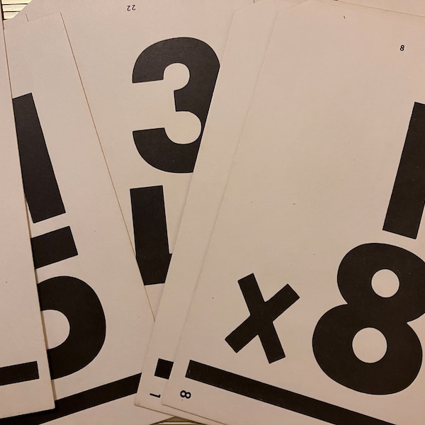 Vintage 1970s Math Flash Cards Division & Multiplication with Large, Black Chunky Numbers — price includes 10 Cards Assortment