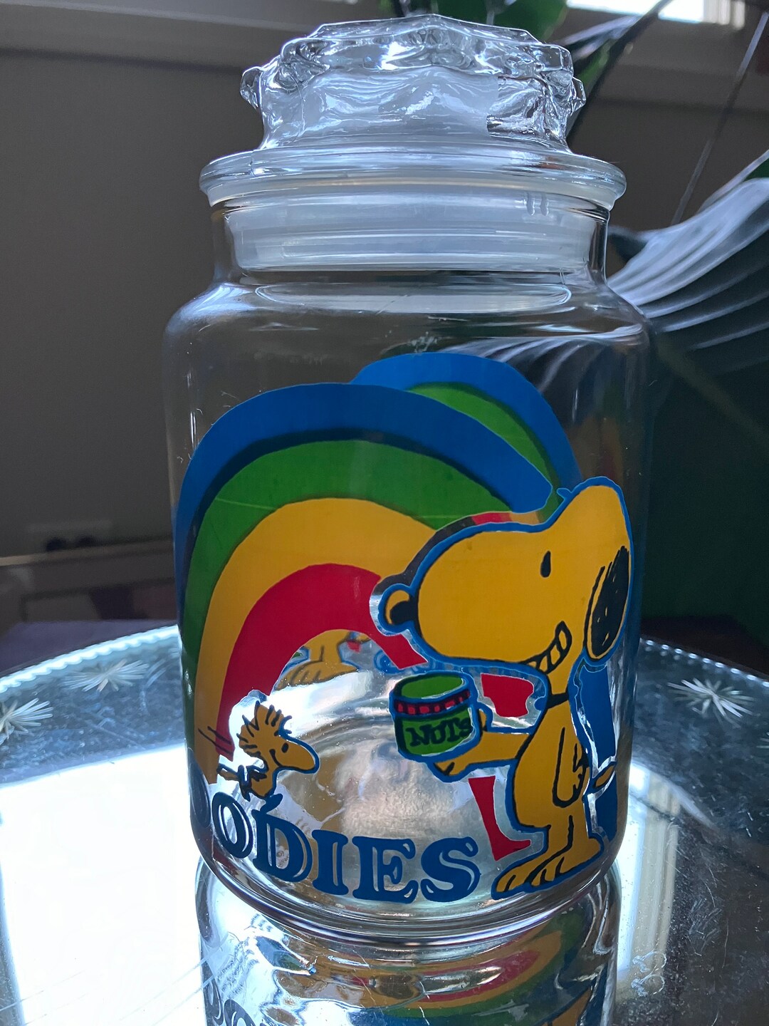 Vintage 1965 Glass Snoopy Woodstock Rainbow goodies Jar Signed Schulz