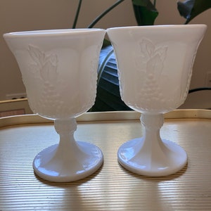 Indiana Colony Harvest Grape Leaves Large Stemmed Milk Glass Goblets — price includes 2 goblets