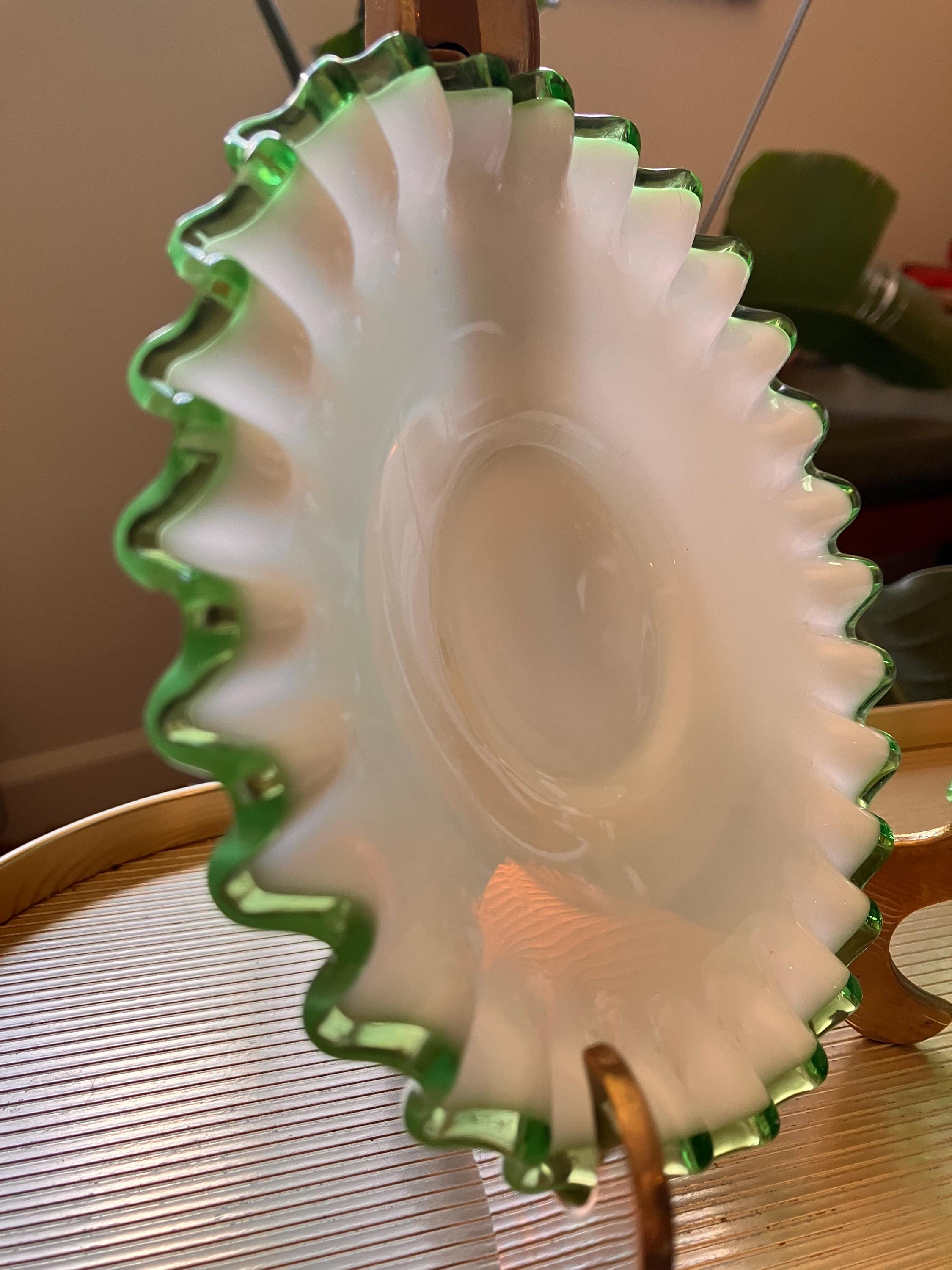 Vintage Fenton Emerald Crest Green Ruffled Milk Glass Saucer