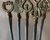 Vintage Tarzan Inox Turkey Artisan Brass Kebab Skewers Set of 5 Ornate Sword BBQ Skewers Turkish Folklore, Crescent Symbols