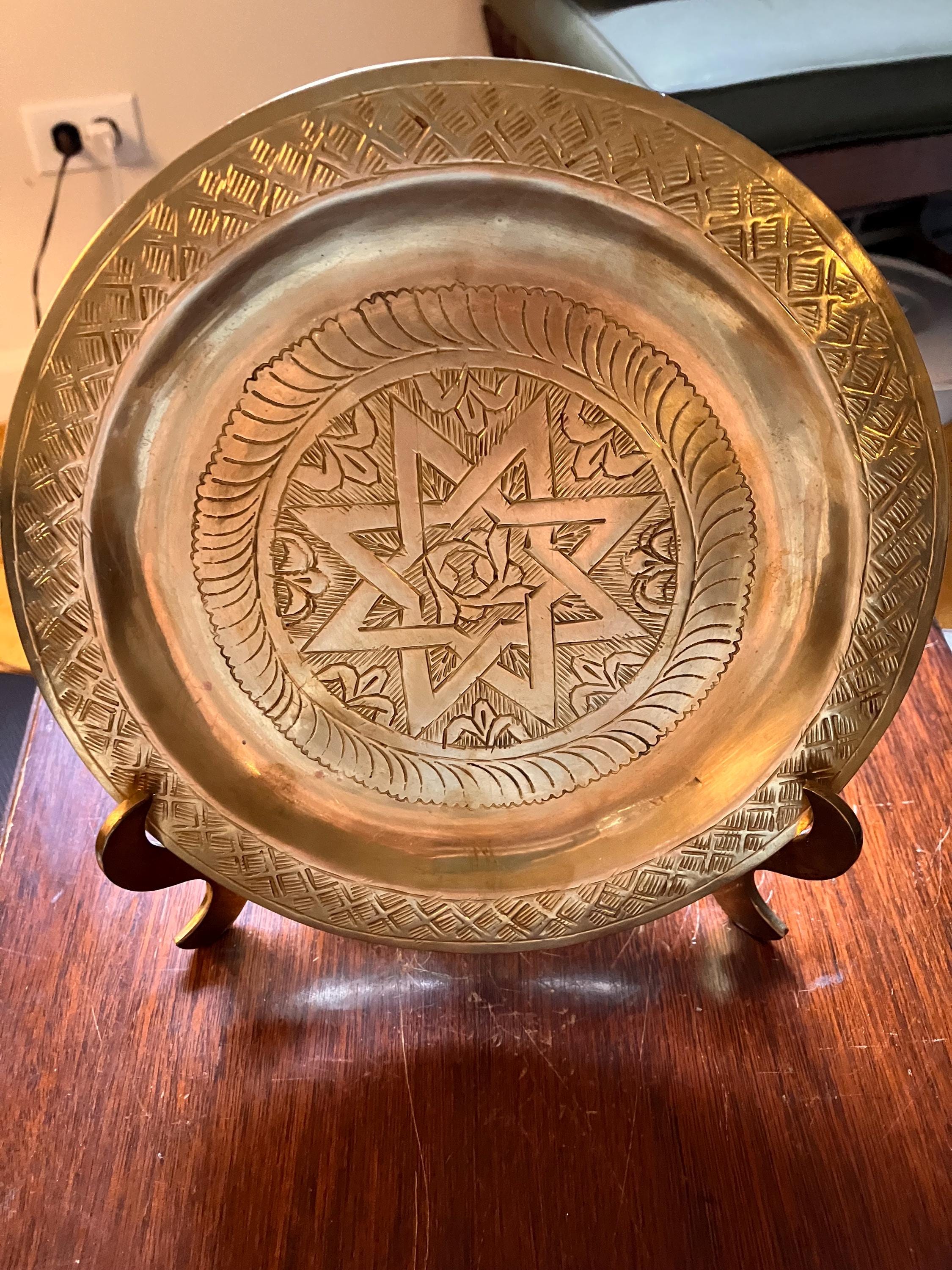 Vintage Moroccan Etched Brass Tray 8-point Star Islamic Design