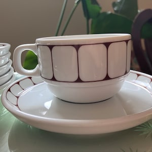 Vintage Mid-Century Porcelain Coffee Cup & Saucer 1970s Hutschenreuther Germany Mod White Squares Brown Lines Designer, includes 12 pieces