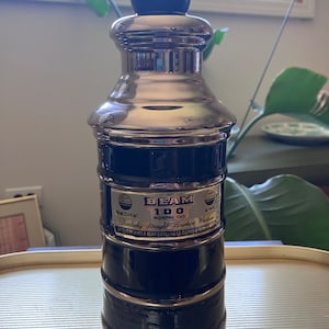 Vintage Jim Beam Decanter 100 Months Old Black Ceramic Bottle Shiny Silver Accents Bakelite Plastic Top Kentucky Bourbon Whiskey RARE