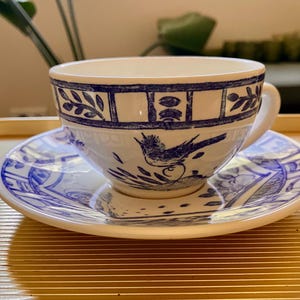 Vintage Gien France Oiseau Bleu Teacup & Saucer Blue Fruits Elegant European Earthenware Glazed Ceramics — price includes 1 cup + 1 saucer