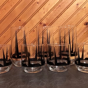 Vintage Clear Glass Black Pyramid Tumblers Edgar Watkins 1980s  Retro MCM Style 3-D Art Designer Barware, price includes 7 pieces