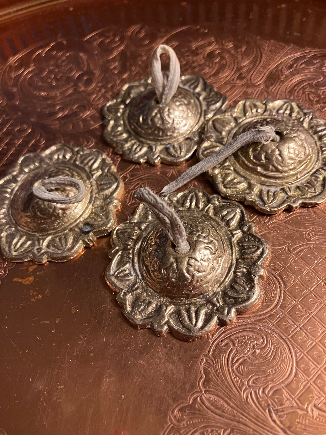 Beautiful Vintage Carved Brass Finger Cymbals zills Belly Dancer