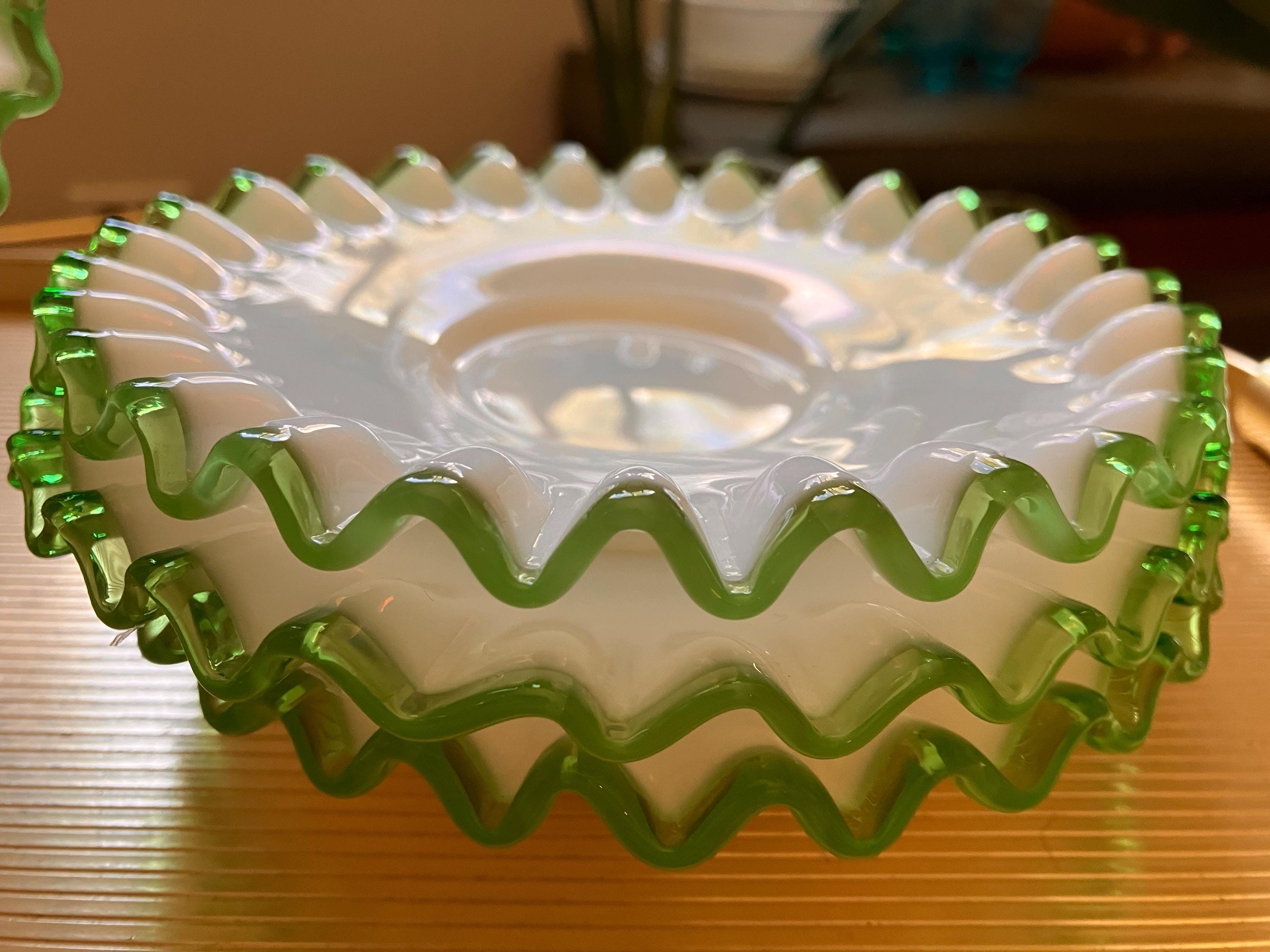 Vintage Fenton Emerald Crest Green Ruffled Milk Glass Saucer