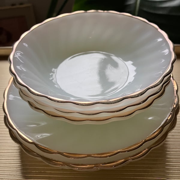 Vintage 1955 Anchor Hocking “Suburbia” Milk Glass Swirl Scalloped Saucers, Small Dishes 22-Karat Gold Trim, price includes lot of 10 pieces