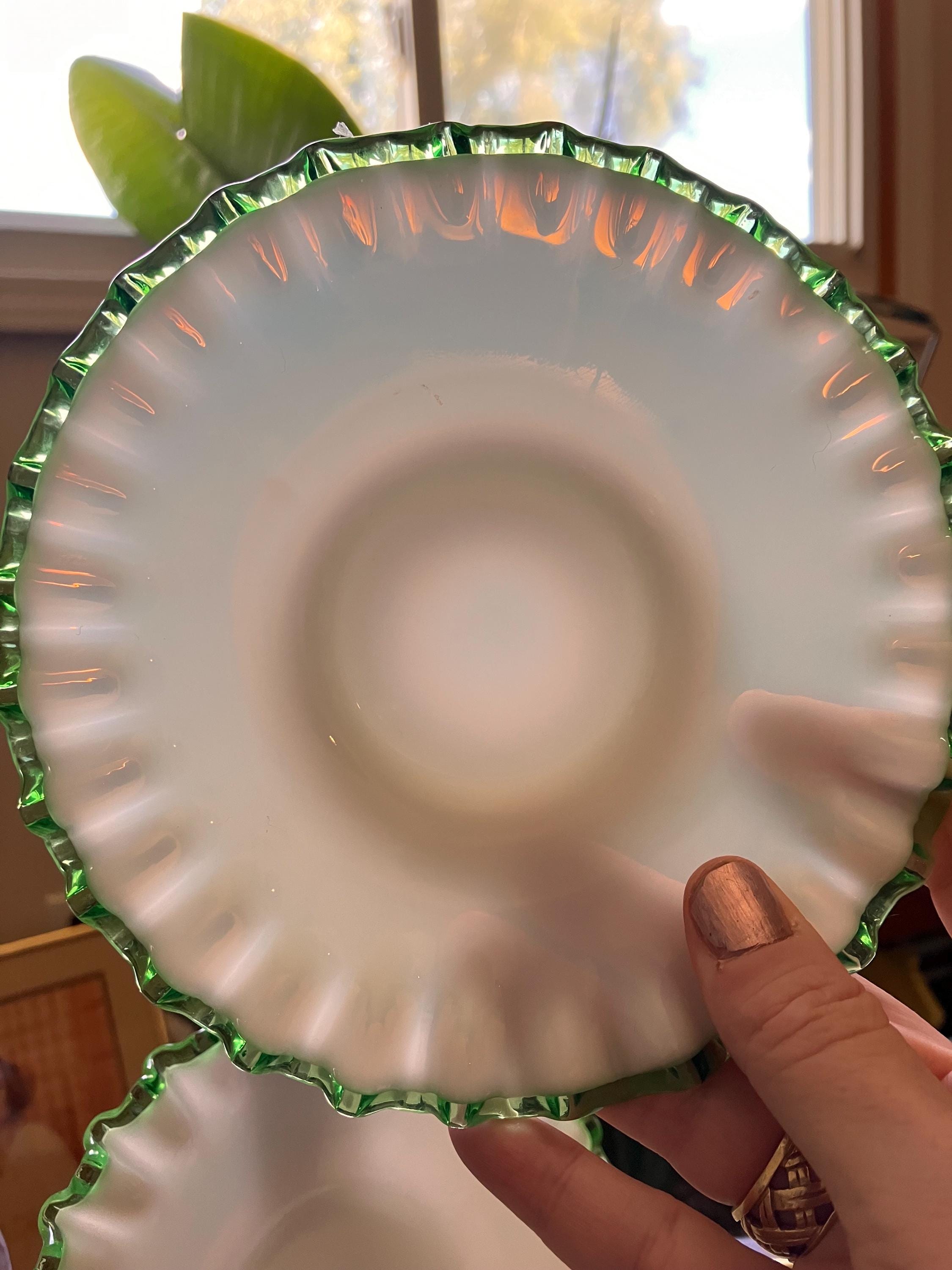 Vintage Fenton Emerald Crest Green Ruffled Milk Glass Saucer
