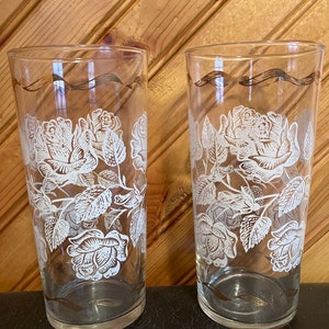 Vintage Glass Tumbler Painted White Rose with Gold Accents Classic MCM Drinkware Stylish Barware  —price includes 2 glasses