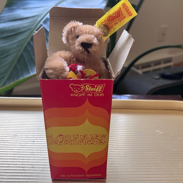 Vintage 1968 Steiff Mohair Wool Brown Teddy Bear West Germany 0201-11 Groovy Red Original Box, Collectible Toy, Stuffed Animal