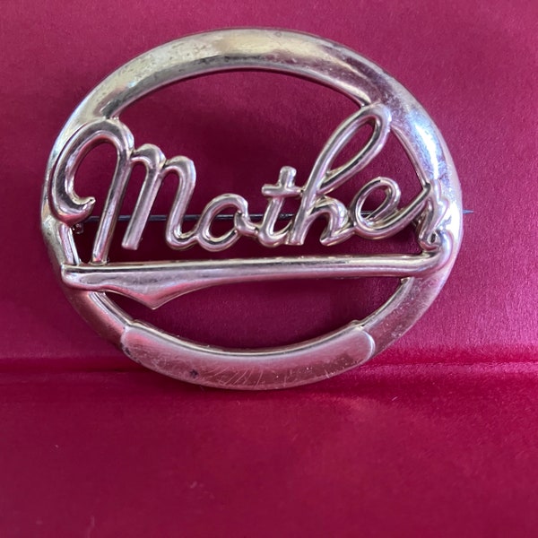 Vintage “Mother” Pin Gold-Toned Oval Brooch Cursive Letters, 1940s Mother's Day Gift Mama Love