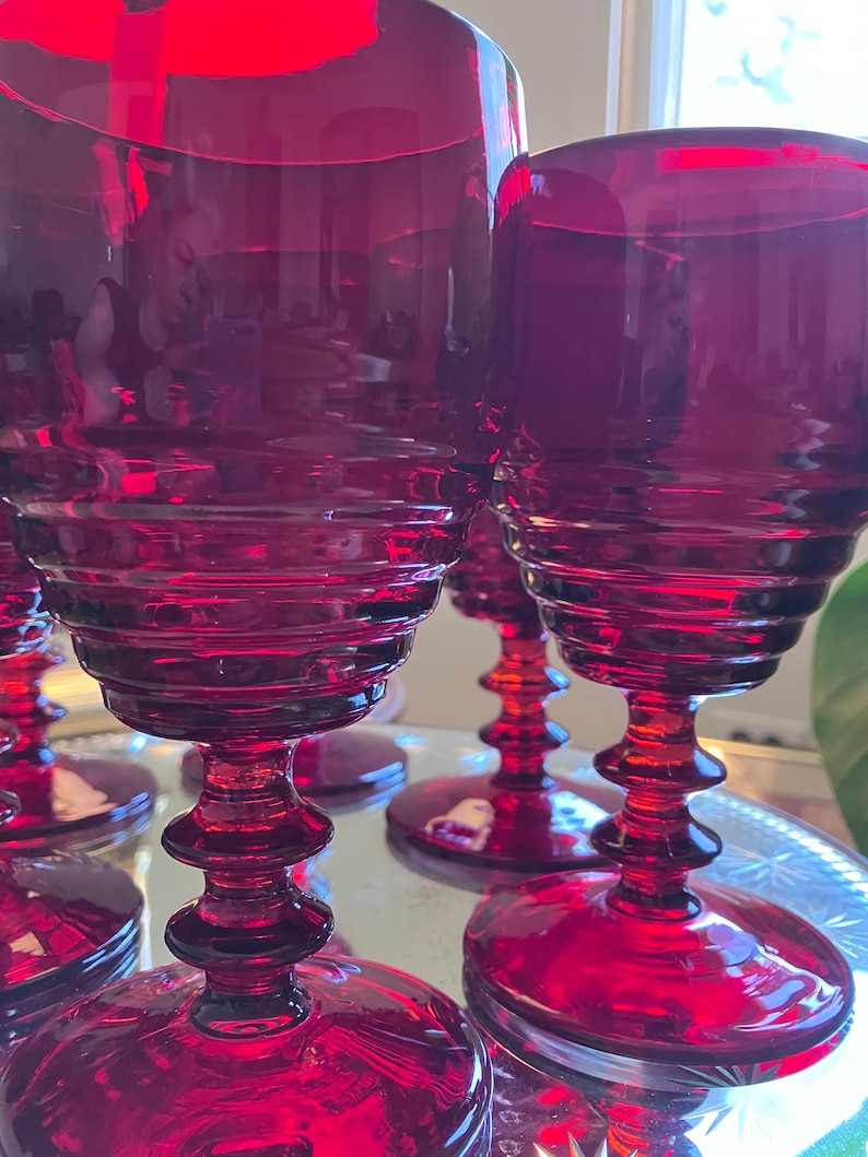 Vintage 1930s Rich Ruby Red Ringed Wine Water Depression Tall Glass Goblets Paden City Penny