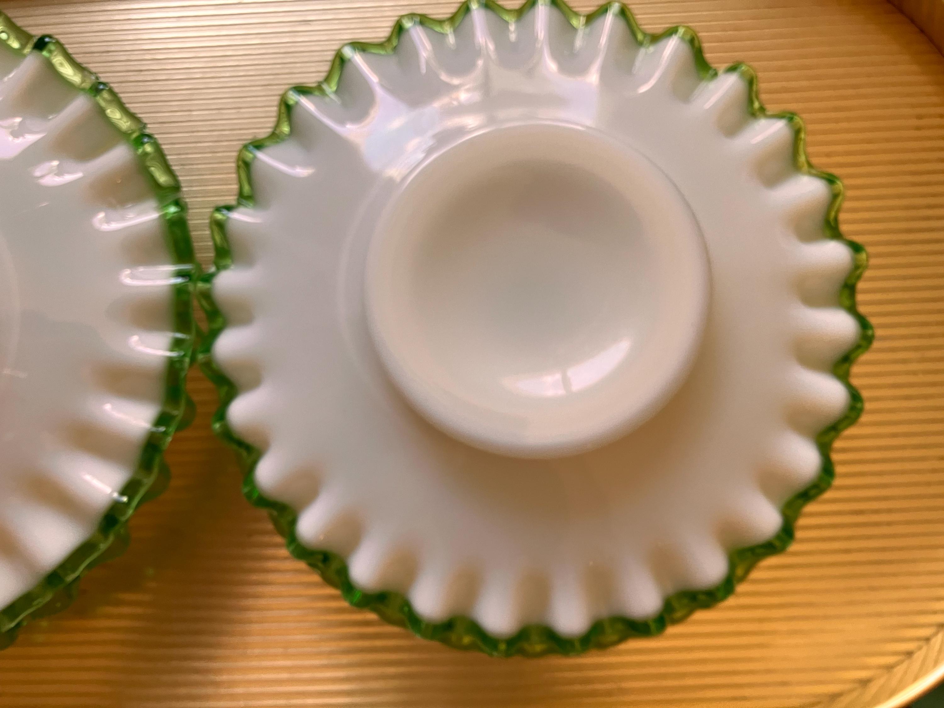 Vintage Fenton Emerald Crest Green Ruffled Milk Glass Saucer