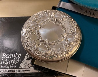 Vintage 1980s “Beauty Marks” Towle Sterling Silver Pocket Mirror #1213 Tourquoise Felt Case & Black Box w/Swan Design, priced individually