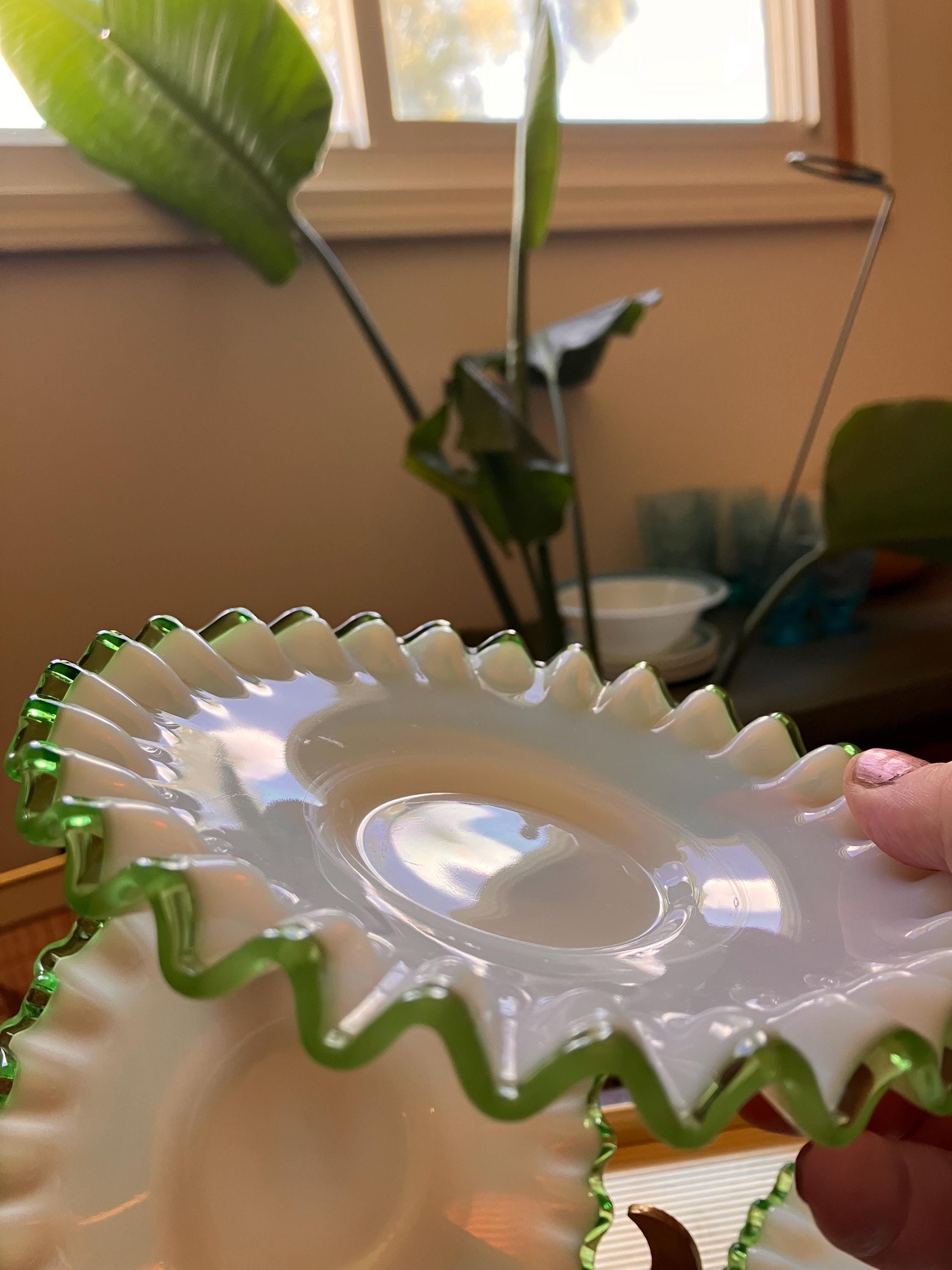 Vintage Fenton Emerald Crest Green Ruffled Milk Glass Saucer
