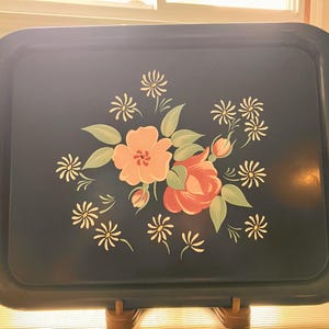 Vintage Floral Metal Tray Handpainted Flowers on Black 1960s Mix-Century Folksy Shabby Chic Buffet Tray Large 15-Inch Metal Tray, set of 3