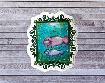 manatee sticker, ocean sticker, water bottle sticker, laptop sticker, waterproof sticker, kawaii sticker, cute sticker, ocean mammmal