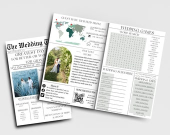 Newspaper Wedding Program Template|Editable Wedding Newspaper Program|Wedding Infographic|Folded Wedding Day Program|Crossword|Wedding Games