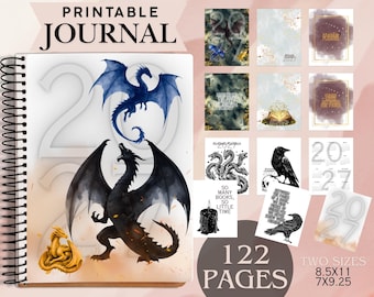 May include: A printable journal with a spiral binding featuring a large black dragon, a blue dragon, and a small gold dragon on the cover. The text reads PRINTABLE JOURNAL, 2027, 122 PAGES, and TWO SIZES 8.5X11 7X9.25, with various dragon and raven illustrations.